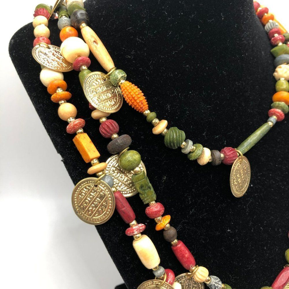 Vintage Gold Coin Wood Bead Multicolor Three Strand Statement Necklace - Picture 2 of 5